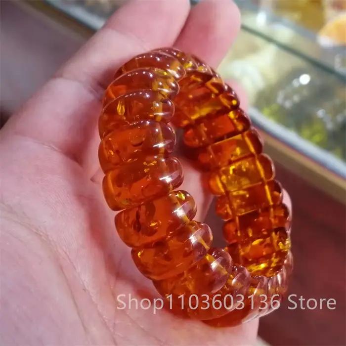 Bracelet large en ambre baltique naturel pour hommes et femmes, bijoux de guérison, pierres précieuses, ambre florale, élastique, amulette porte-bonheur
