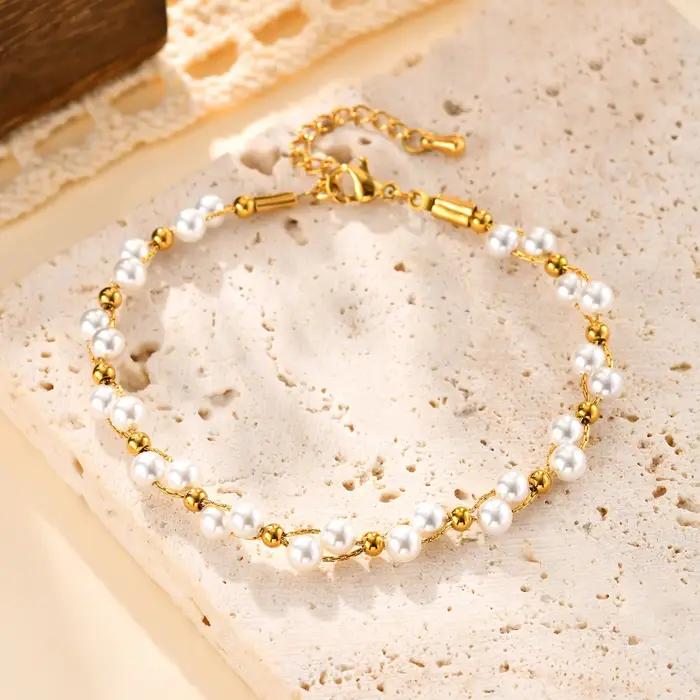 Bracelet de perles de luxe léger pour femmes, chaîne en acier inoxydable plaquée or 18 carats, bijoux quotidiens et cadeaux exquis pour occasions spéciales