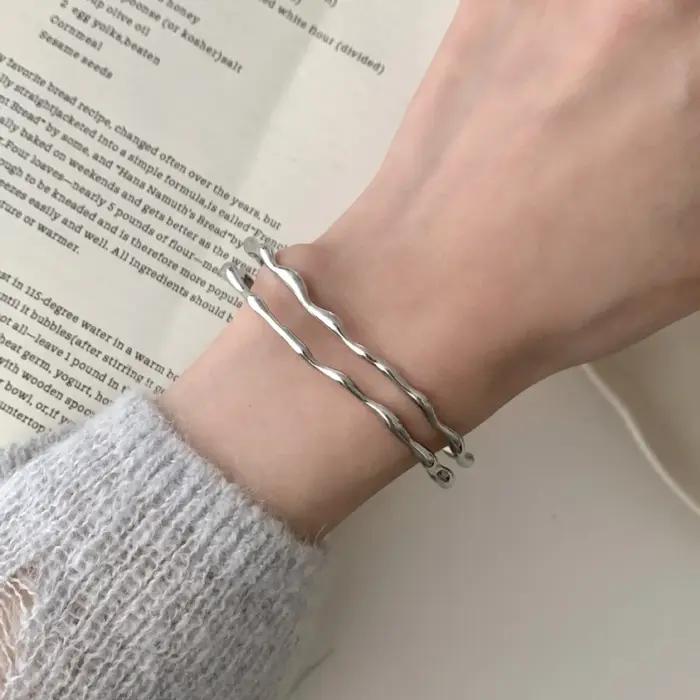PANJBJ 925 argent irrégulier ligne dorée Bracelet pour femmes vague Double couche minimalisme Punk c