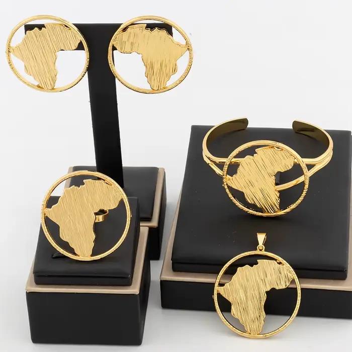 Ensemble de bijoux géométriques, pendentif de forme ronde, boucles d'oreilles plaquées or de dubaï, bracelets de manchette en cuivre, anneau réglable, accessoires de bijouterie, 4 pièces