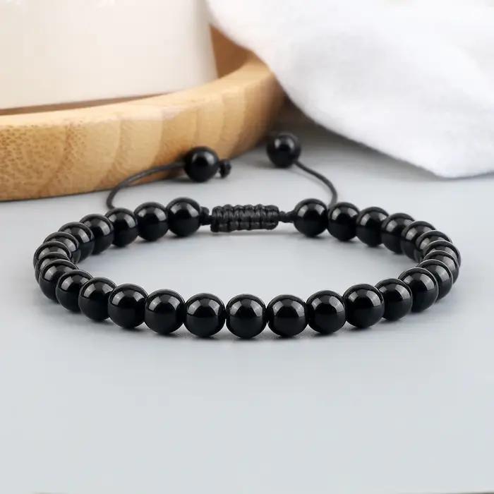Bracelet de perles fait à la main 4 6 8mm pierre naturelle brillant noir Onyx