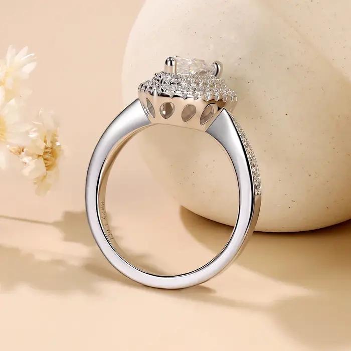 Bague de fiançailles LinkerLove en argent S925 avec moissanite taille poire 1 carat et double halo d'accentuations en
