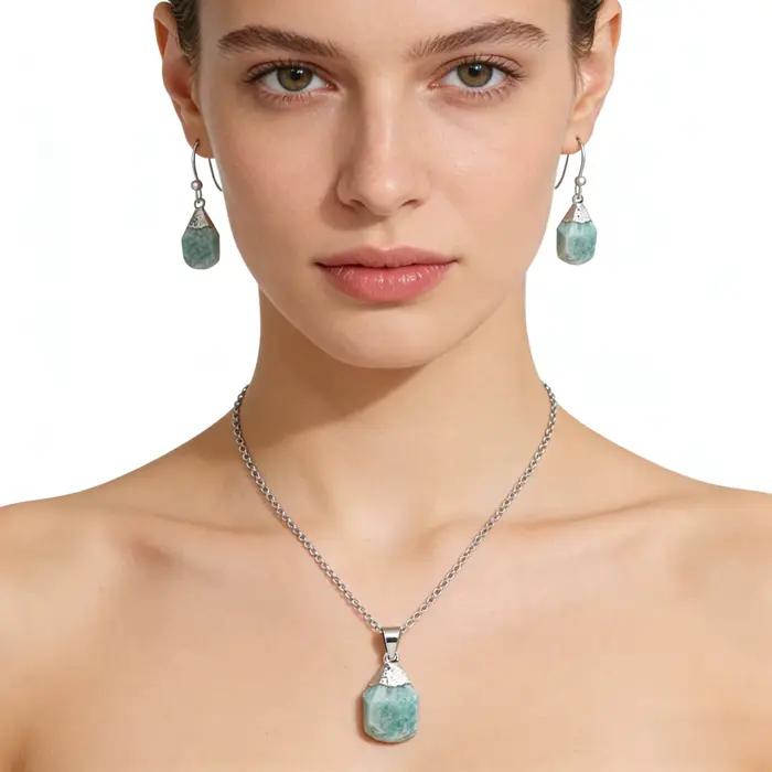 Ensemble de bijoux naturels, Quartz Rose, Amazonite, acier inoxydable, boucles d'oreilles en argent S925, combinaison de collier, bijoux Premium, cadeau de vacances