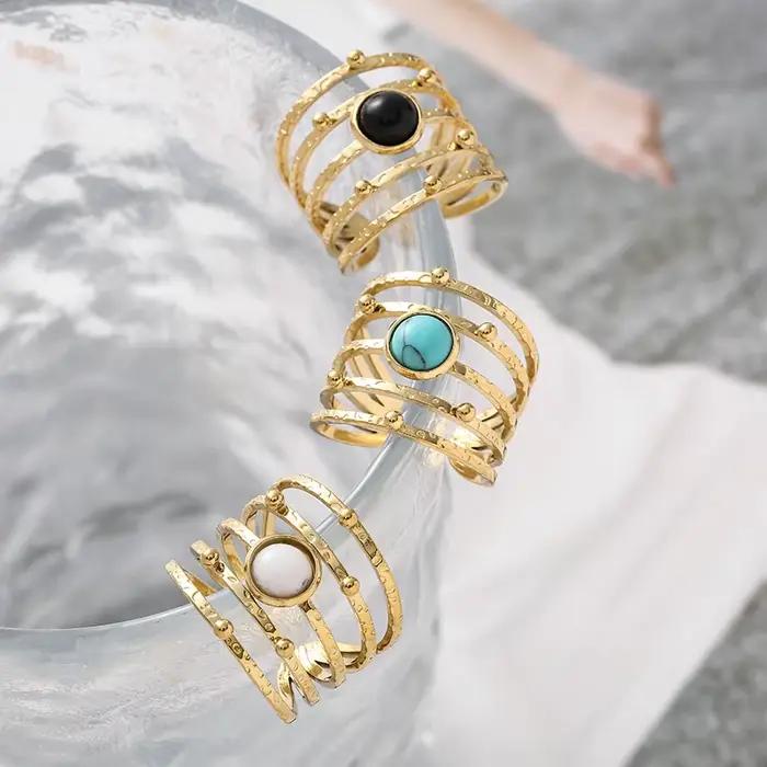 Bague ouverte en pierre naturelle bohème plaquée or turquoise pour femme, avec incrustations en acier inoxydable, pour occasions spéciales et tenues de tous les jours