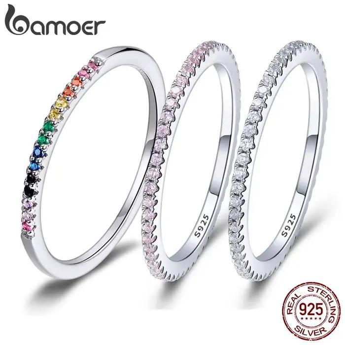 BAMOER 925 bagues empilables en argent sterling entièrement pavées de diamants simulés