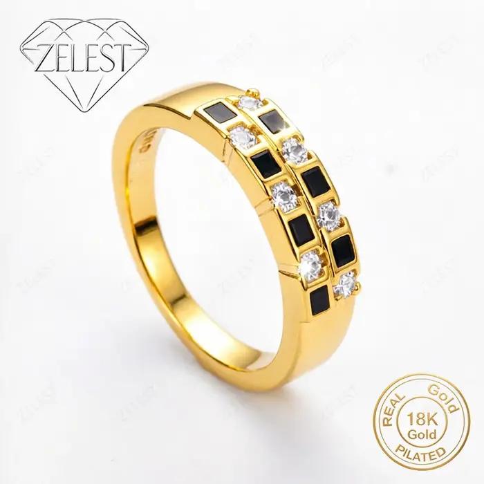Bague en argent sterling 925 plaqué or 18 carats avec diamants noirs et blancs exquis pour femmes