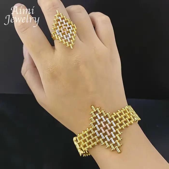Ensemble de bijoux plaqués or 18 carats pour femmes, 4 pièces, collier, boucle d'oreille, Bracelet, bague, cadeaux de fête de mariage, usage quotidien, exquis