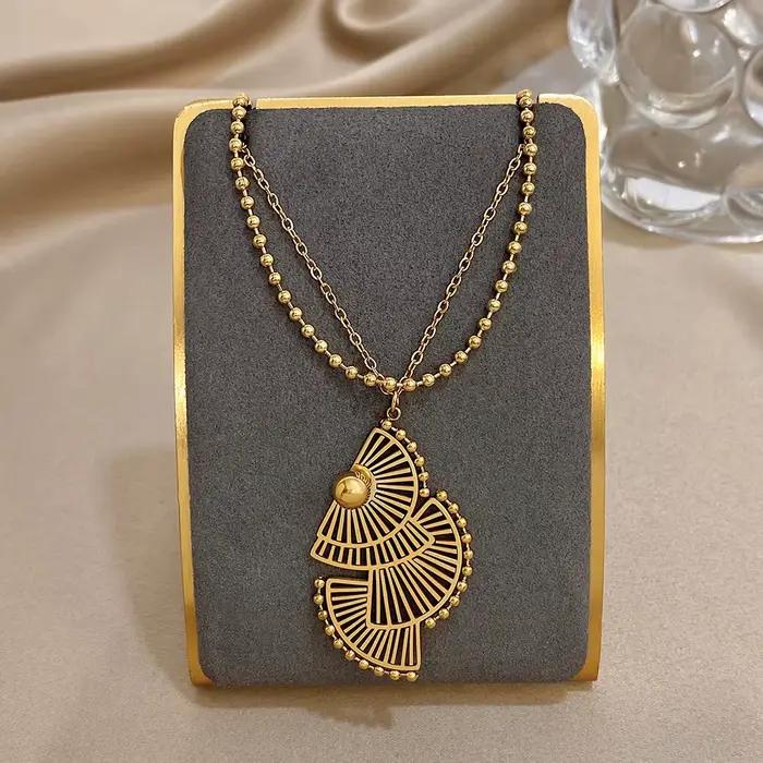Pendentif Greatera en forme d'éventail triple couche collier de perles double chaîne acier inoxydable pour femmes élégantes occasions spéciales