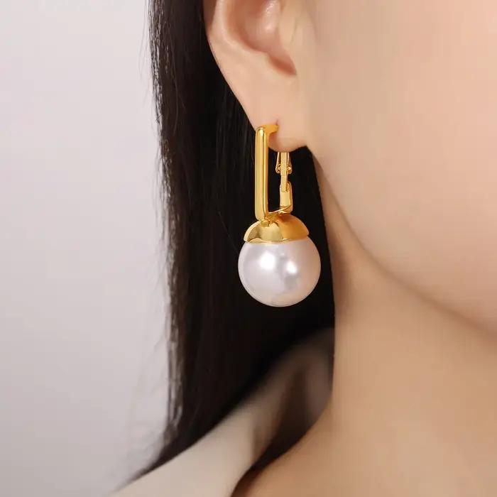Boucles d'oreilles pendantes en perles noires pour femmes, en acier inoxydable plaqué or, Imitation de perles, bijoux de luxe pour femmes