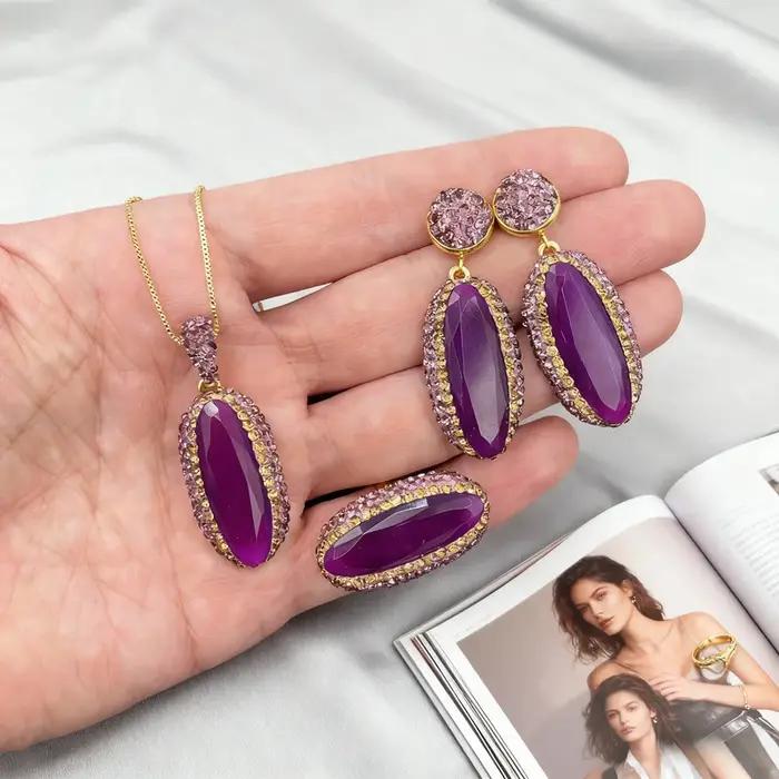 Ensemble de bijoux vintage en jade malais violet plaqué or pour femmes, coquille, strass, collier, boucles d'oreilles, bague, mariage, fête, cadeau anniversaire