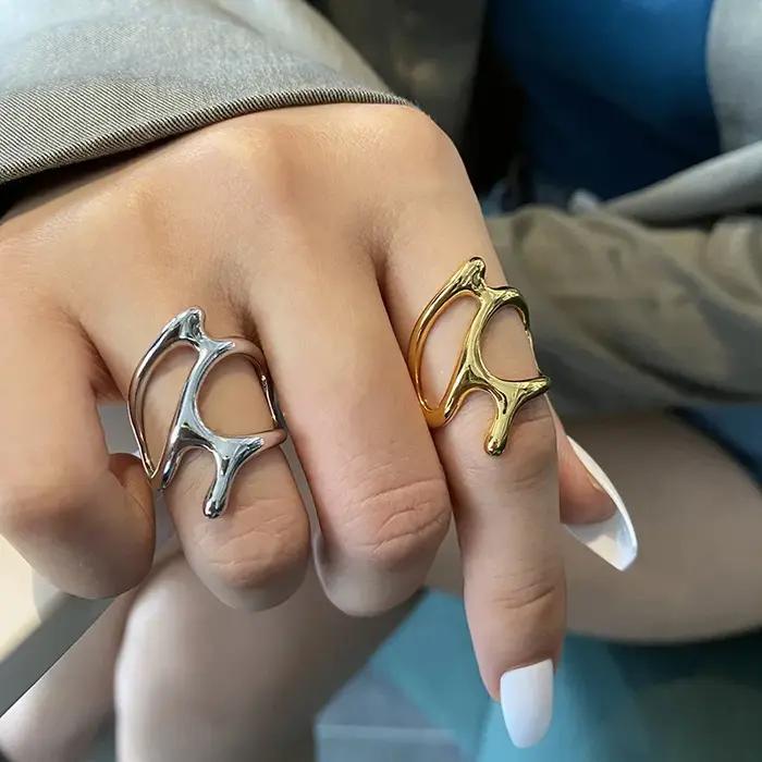 Bague ouverte plissée irrégulière Vintage couleur or pour femmes et hommes