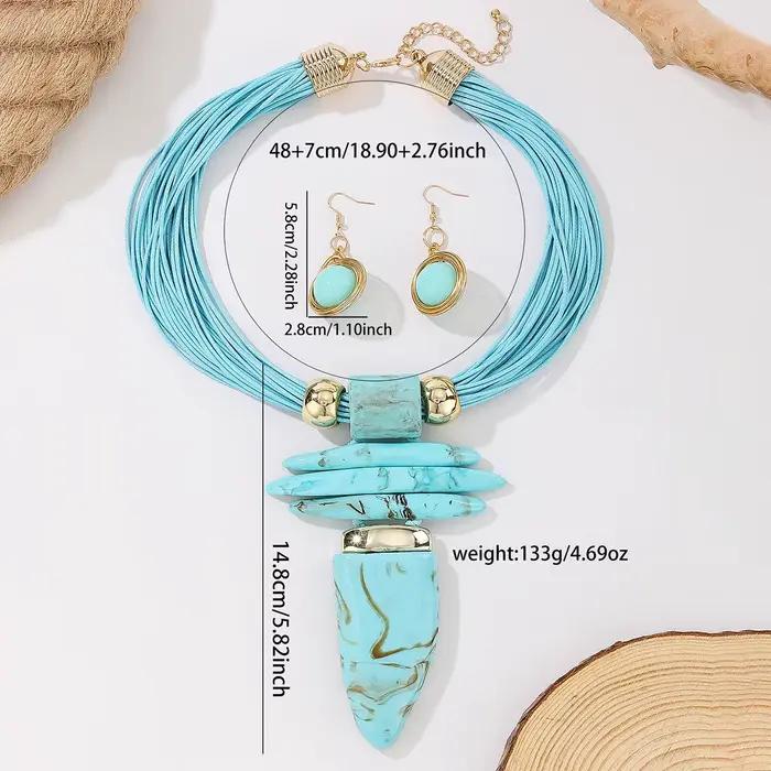 Ensemble de bijoux occidentaux tendance, collier et boucles d'oreilles fantaisie en imitation turquoise et corde cirée, accessoires de fête pour femmes