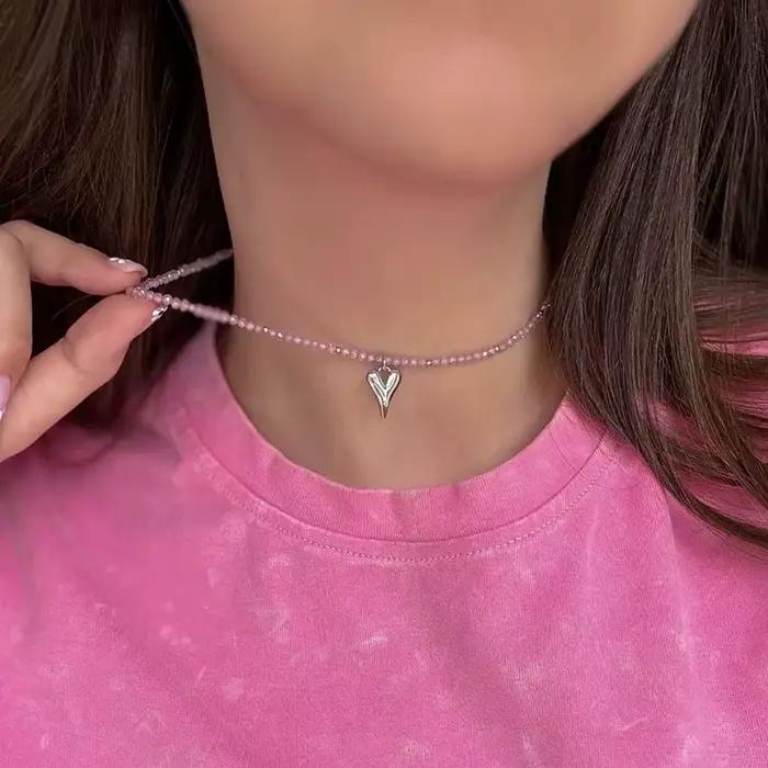Collier pendentif coeur en cristal Boho Barlotte chaîne de perles imitation bijou pour femmes occasions spéciales anniversaire Saint Valentin
