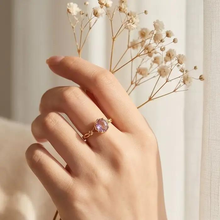 LAMOON – bague élégante en améthyste naturelle pour femmes, en argent Sterling 925 plaqué or, bagues de mariage en pierres précieuses, accessoires de bijoux RI412