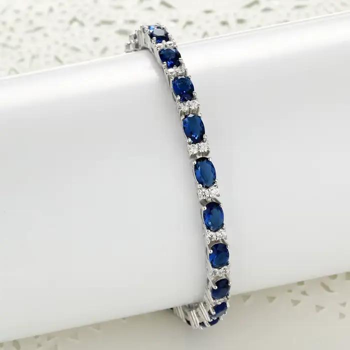 Bracelet saphir en argent regardé 925 pour femme, bracelet solide, bijoux élégants, pierres précieuses brillantes, cadeaux de fête de mariage, haute qualité