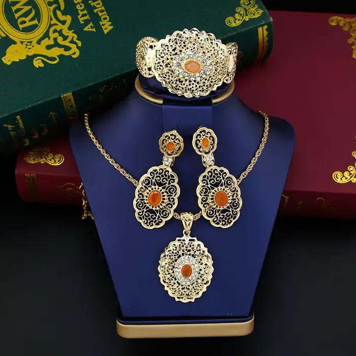 Sunspicems ensemble de Bijoux de mariage algérien et marocain couleur or boucles d'oreilles goutte manchette Bracelet pendentif collier de mariée arabe