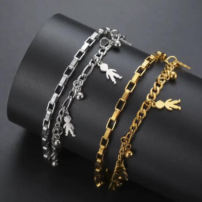 Bracelet en acier inoxydable à double chaîne de maillons et breloques pour femme et homme
