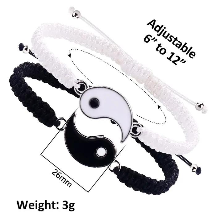 1 lot de 2 bracelets de réglage télescopique tressés en corde Yin et Yang simples Tai Chi Bagua noir et blanc pour hommes et femmes Coupl