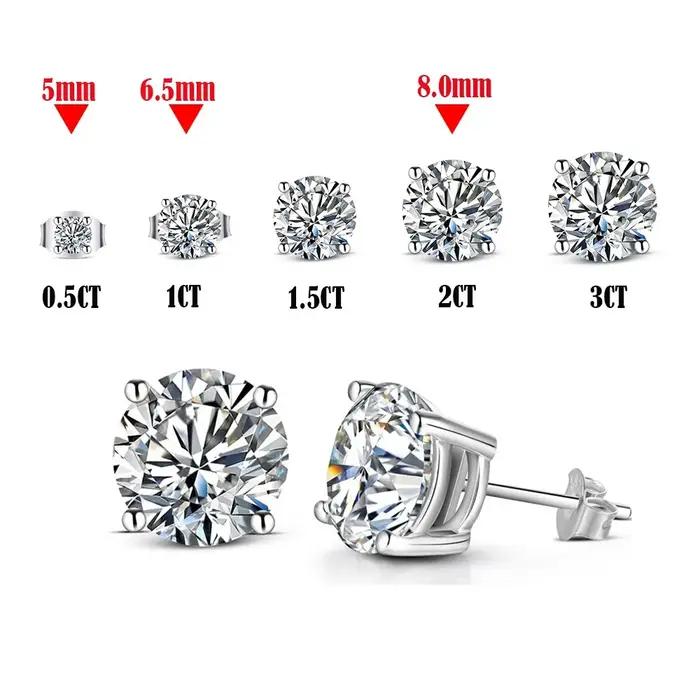Boucles d'oreilles en argent Sterling 100% Moissanite pour femmes, 0.5-2 Carat, 8.0mm, couleur D, bi