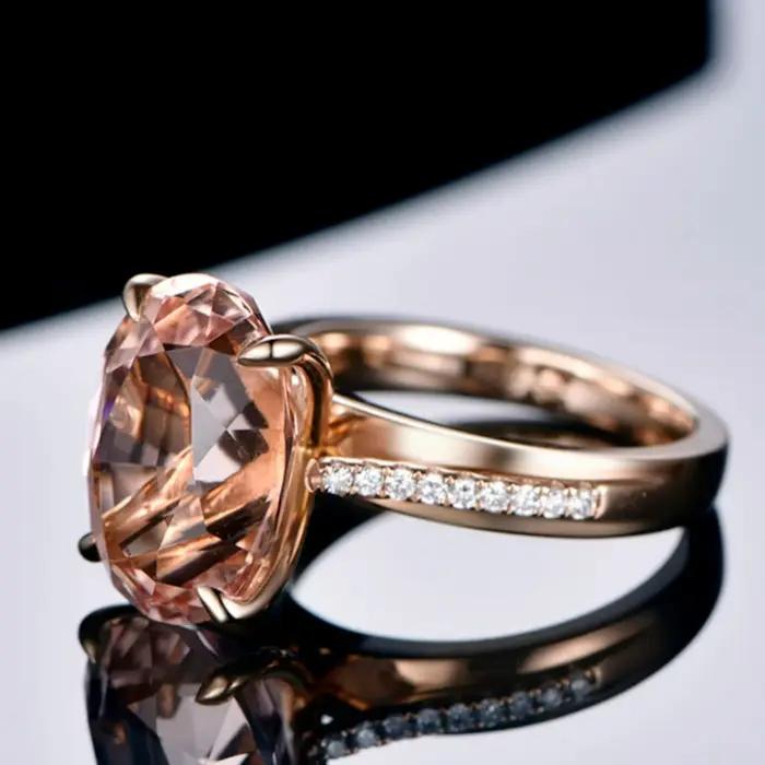 Bague Morganite Naturelle et Diamant Simulé Plaquée Or 18K Élégante et Tendance Occasionnels Femme