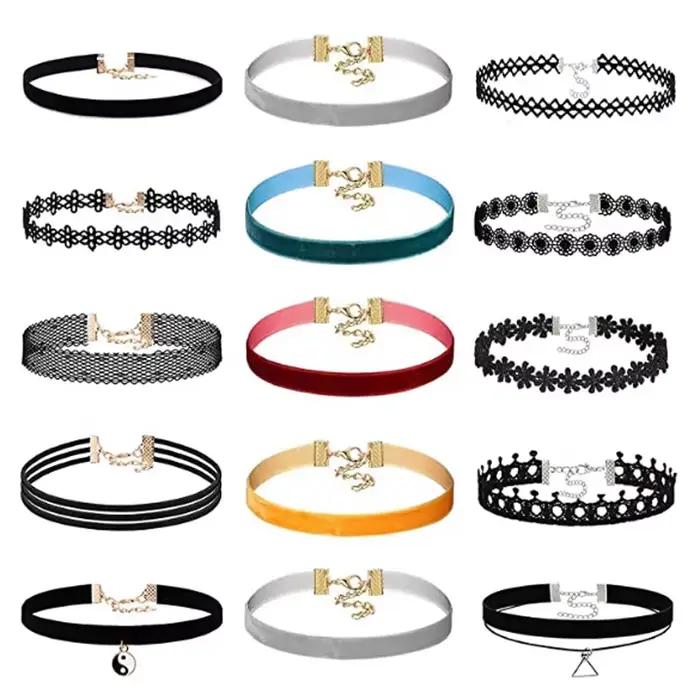 Collier en dentelle coloré pour femmes avec nœud en velours et perles, accessoire de mode pour filles, bijoux de cou, colliers ras du cou