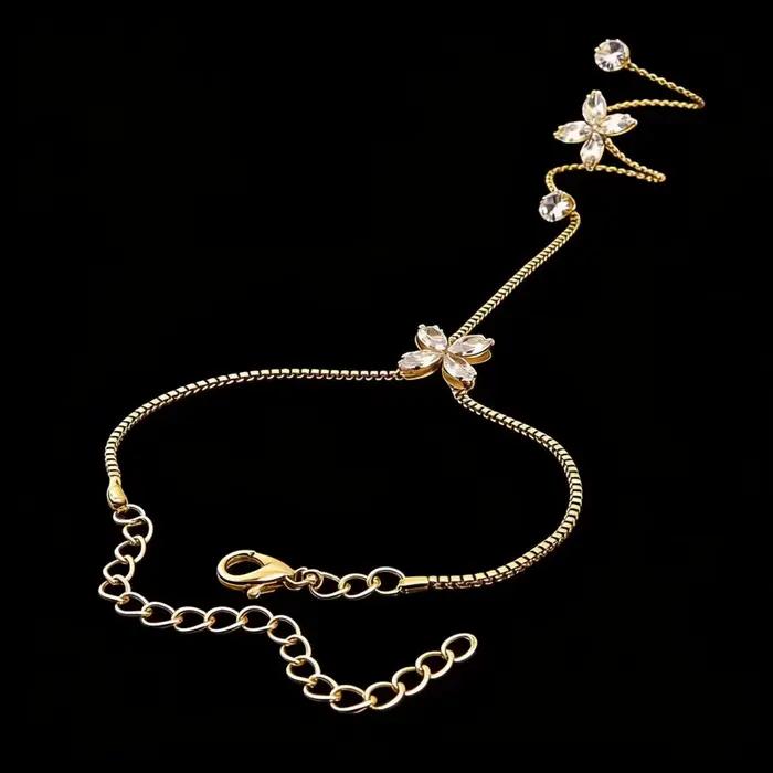 Bracelet-bague intégré en zircon avec pampilles, style floral, bijou de mode féminin, décoration de main, style chic et décontracté, luxe