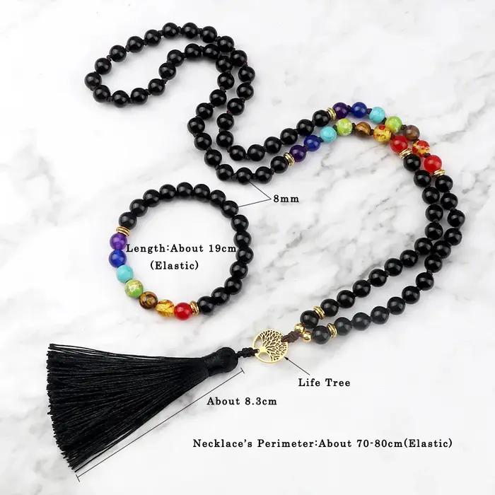 Luckly 7 Chakra colliers et Bracelets de perles 8mm Japamala mat noir Onyx pierre collier ensembles femmes hommes méditation Yoga bijoux