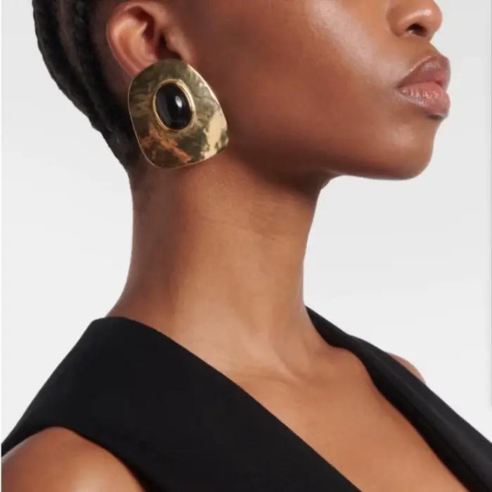 Boucles d'oreilles pendantes carrées vintage en alliage plaqué or avec pierre noire pour femme