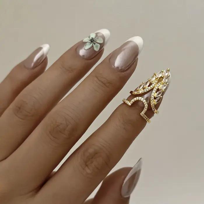Bague d'ongle en zircon brillant exquise pour femme, motif floral géométrique romantique, breloques