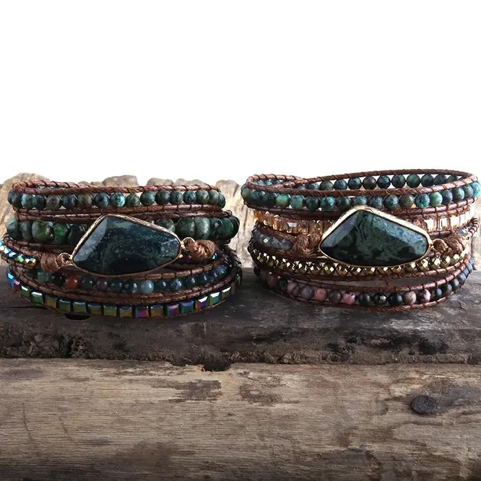 RH mode Boho Bracelet africain Turqu pierres naturelles herbe vert charme 5 brins tissé Bracelets d'enveloppement cadeau livraison directe
