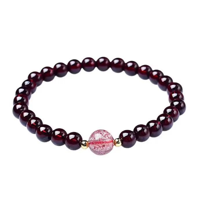 Bracelet grenat naturel pour femmes, perles porte-bonheur, grenade rouge, cristal de fraise, fleur de pêcher, breloques de luxe légères