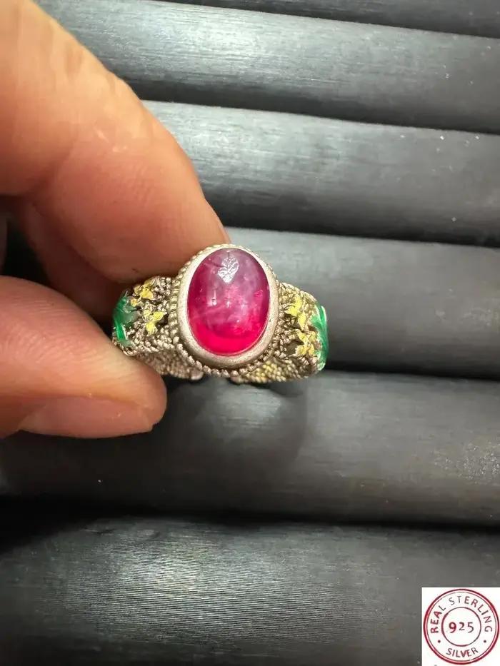 Bague tibétaine en argent cloisonné, incrustée de rubis étoilés, style ethnique rétro, bande ouverte réglable, bijou de doigt vintage unisexe