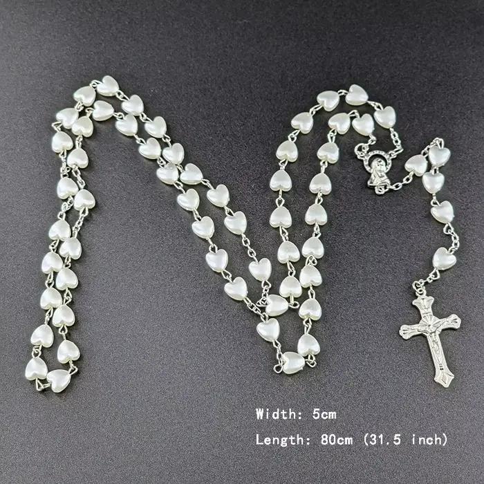 Collier chapelet coeur blanc pour femme, croix de la Vierge Marie, pendentif INRI, Long JOMen, religion, prière, fête, accessoires de bijoux
