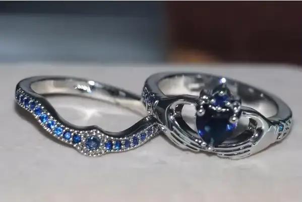 Ensemble de bagues Claddagh en saphir de laboratoire Queen Heart, or blanc 10 carats, bagues de fiançailles et de mariage pour femmes, bijoux cadeau