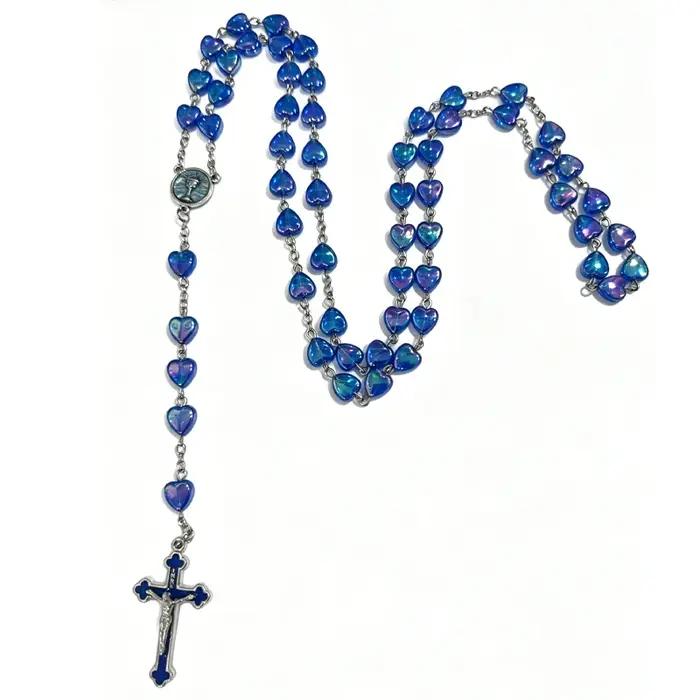 Collier de prière à la mode pour femmes, perles en forme de cœur irisées, pendentif en émail en form