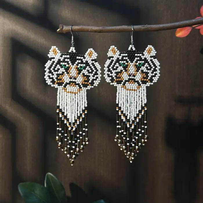Boucles d'oreilles tigre créatives faites à la main, bijoux bohème à franges perlées, boucles d'oreilles pendantes à la mode pour femmes, adaptées au quotidien