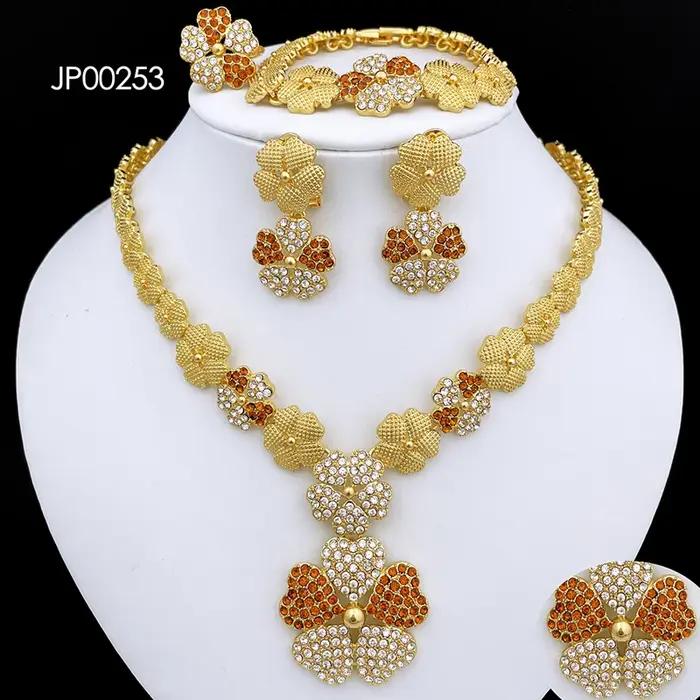 Ensembles de bijoux de Dubaï et du Nigéria pour femmes, design de luxe, cinq pétales de fleurs, pendentif, collier, boucle d'oreille, bracelet et bague
