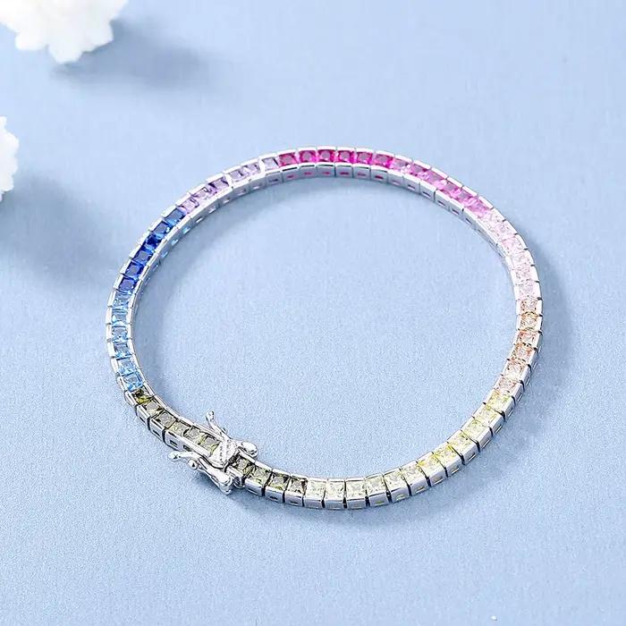 Bracelet de tennis en argent pur pour femme, 17.5 cm, carré de 4 mm de large, 2.5x2.5mm, Bling Rainbow Zunderes, Real 925 Jewelry