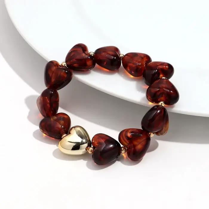 Nouveaux Bracelets Tendance Multicolores en Résine avec Cœur Perlé pour Femmes, Bracelet Élastique e