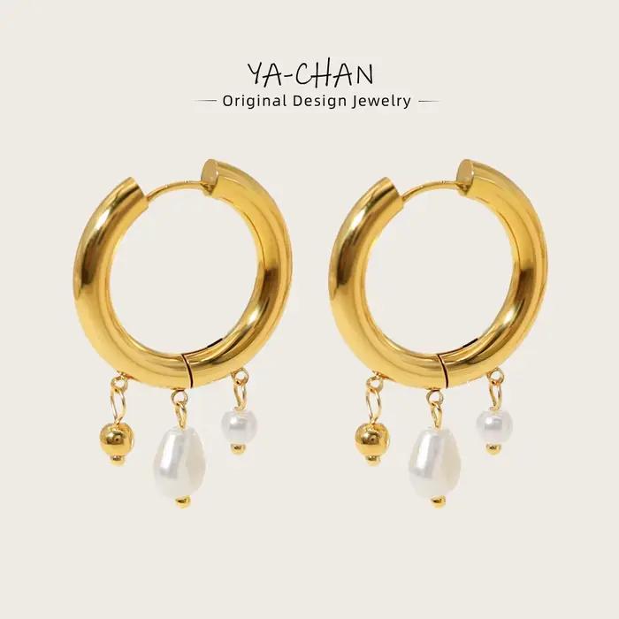 YACHAN Baroque Pearl acier inoxydable Hoop boucles d'oreilles pour femmes chic huggie boucles d'oreilles 18k plaqué or jaune bijoux