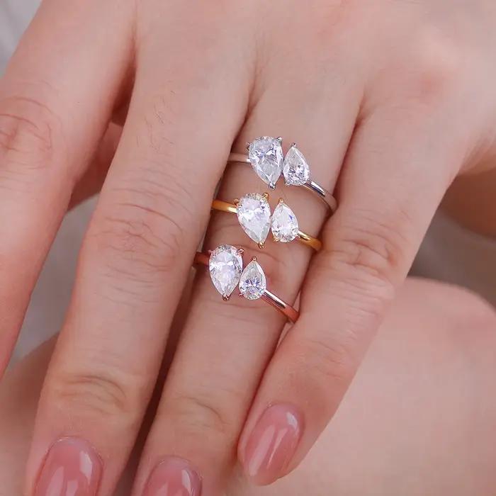 Bague en diamant Moissanite Double poire Toi Et Moi argent 925 plaqué or 18 carats pour femmes occasions spéciales mariage engagement fête cadeau