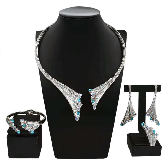 Ensemble de bijoux plaqués or SYHOL collier de luxe en pierre bleue bracelet bague pour femmes occasions spéciales mariage anniversaire
