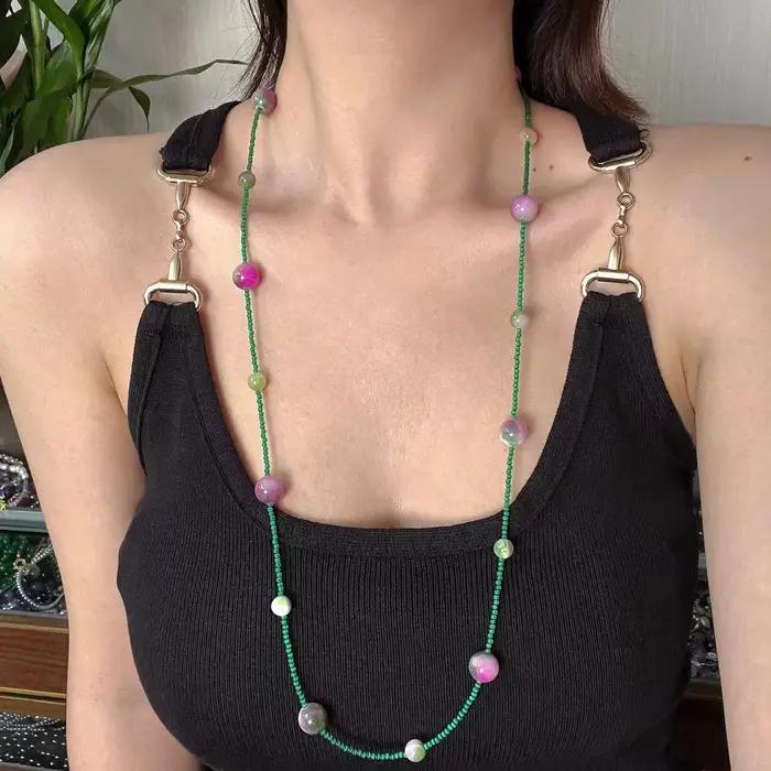 Collier Long élégant en Jade vert et pierres précieuses roses pour femmes, empilable, bijoux cadeaux