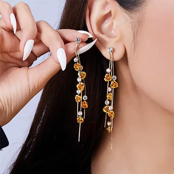 Boucles d'oreilles longues à pampilles en forme de fleur de Rose pour femmes, élégantes, brillantes, colorées, strass, pendantes, bijoux de fiançailles, de fête de mariage