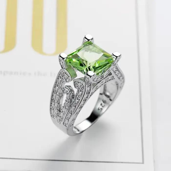 Bague de mariage de luxe pour femme, grand cristal vert, couleur argent, Zircon, carré, bijoux, cadeau pour petite amie