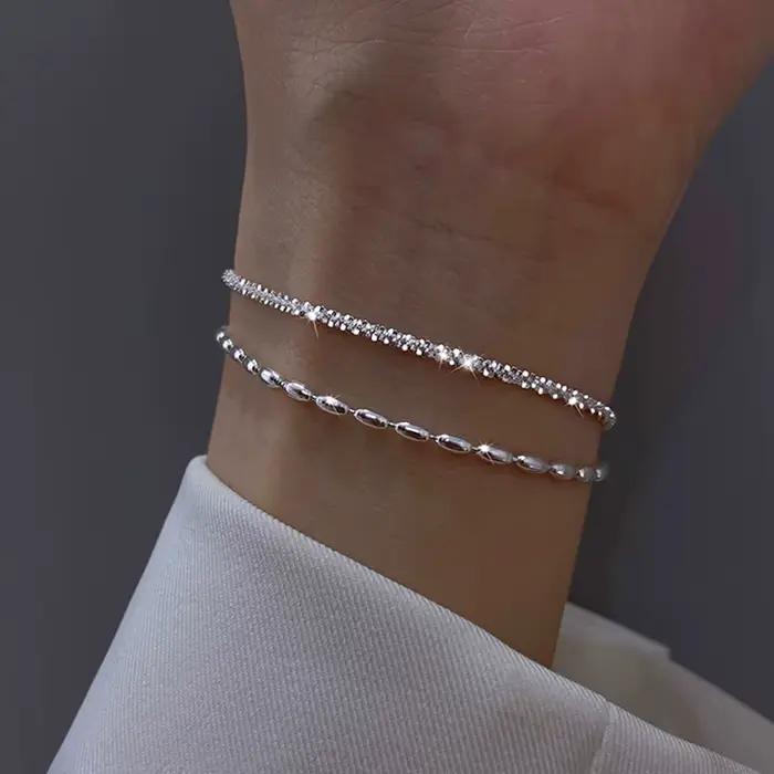 Bracelet double couche en argent Sterling 925 à perles blanches et motif géométrique pour femme