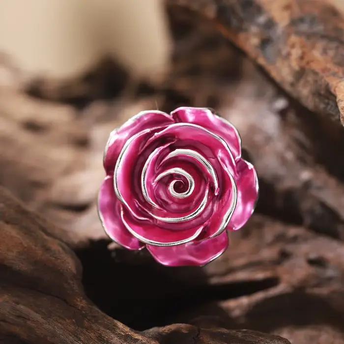 Cring Coco Rose Bague en Émail pour Femme, Breloque Élégante, Plante Réglable, Bijoux à la Mode, Cadeau de Noël