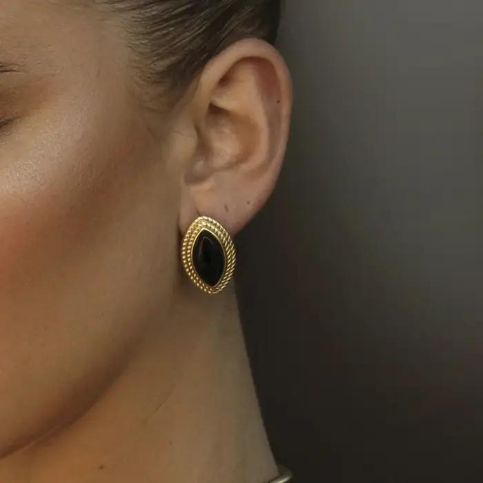 Youthway luxe Onyx cheval oeil boucles d'oreilles pour femmes plaqué or en acier inoxydable bijoux cadeau à la mode