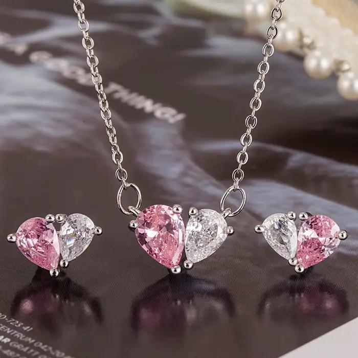 Ensemble de bijoux en argent regardé 925 pour femme, collier d'amour, boucles d'oreilles roses, desi