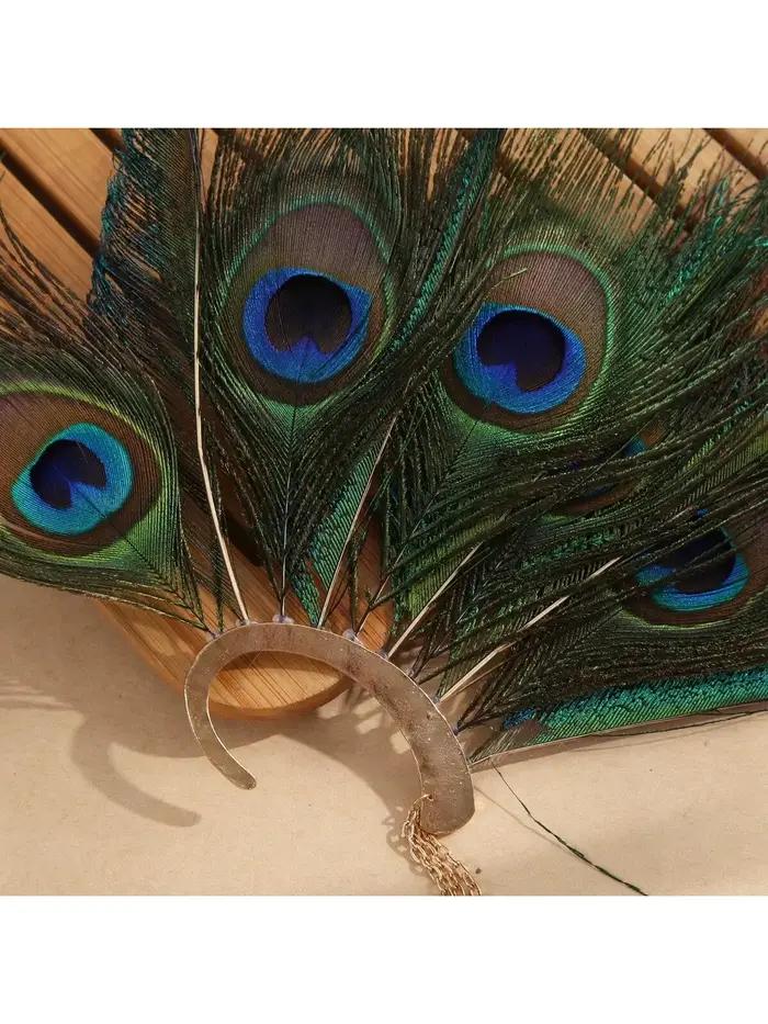 Manchette d'oreille paon, Manchette d'oreille plumes, Manchette d'oreille en plumes, Manchette enveloppante pour l'oreille, Bijoux en plumes, Boucles d'oreilles paon, Boucles d'oreilles tribales, Véri